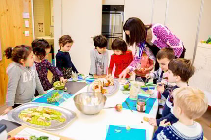 Young students making art with their teacher at ISL